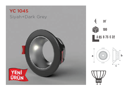 YCL Yücel YC 1045 Plastik Siyah + Dark Grey Dekoratif Spot Kasası (Gu10 Duya Uygun)